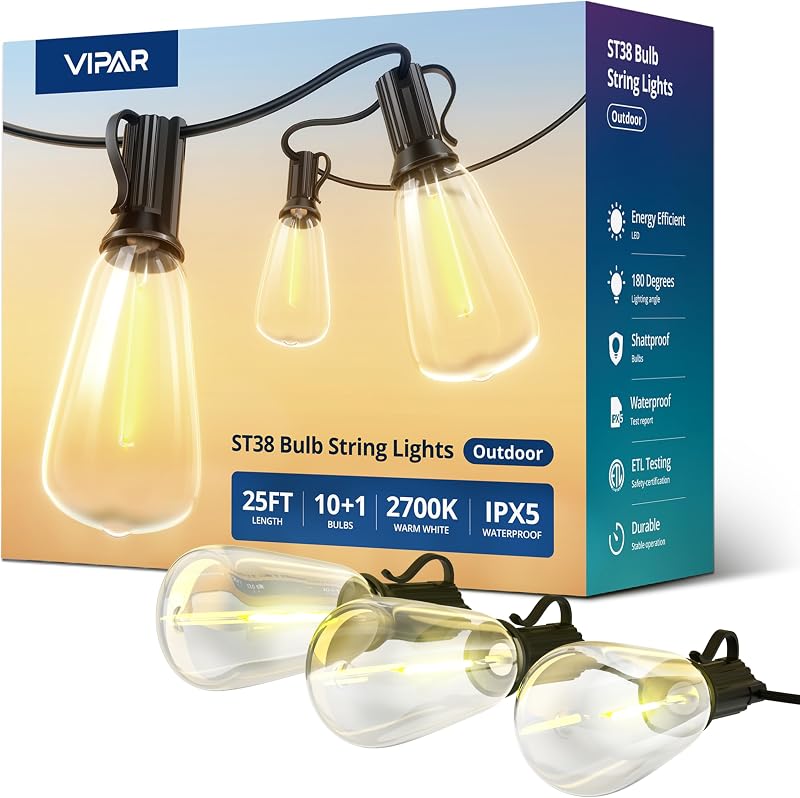 VIPAR Outdoor String Lights,25FT LED Patio Lights Waterproof 11 ST38 Bulbs - String & Accent Lighting, product photo on a white background