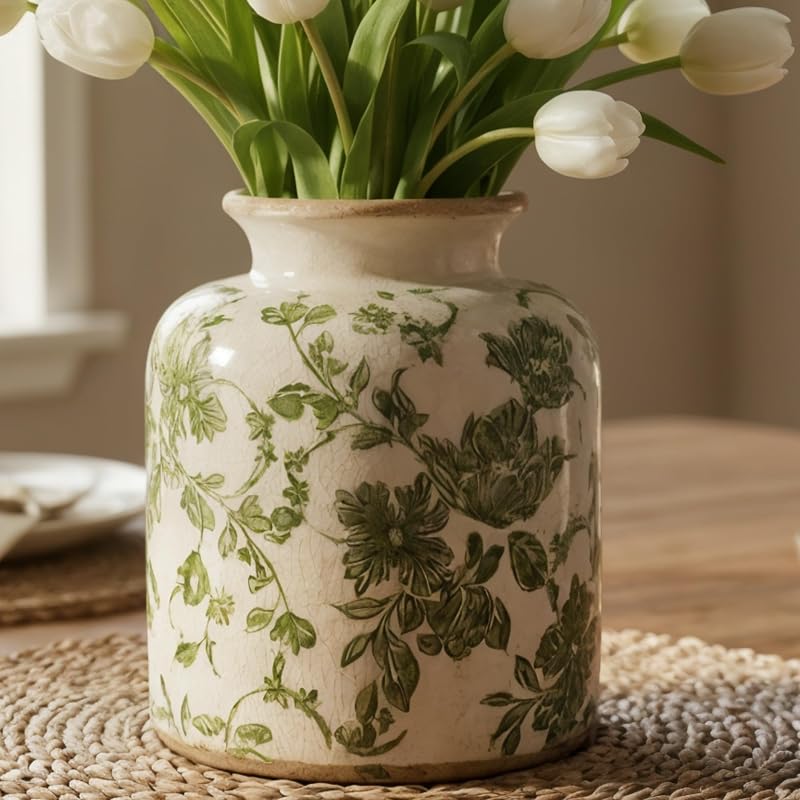 Vintage Green Crackle Glaze Ceramic Flower Vase, 6” Small Rustic Pottery Decorative Botanical Vase with Distressed Beige Rim French Country Farmhouse Cottage Tabletop & Mantel Home Decor - image 1 of 4