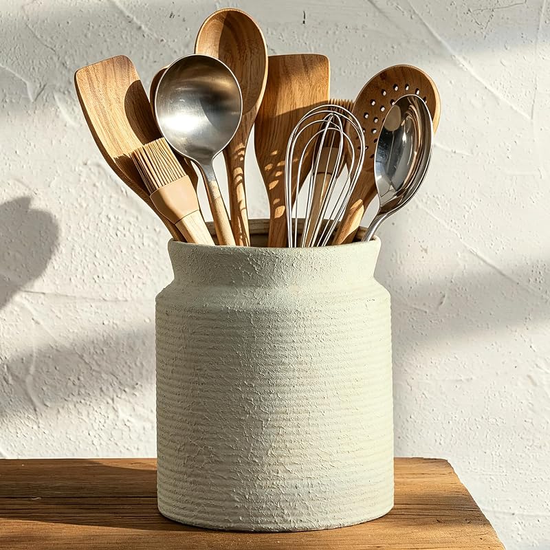 Rustic Utensil Holder for Kitchen Countertop - 7.6 inch Ceramic Utensil Crock Farmhouse Cooking Utensil Organizer for Spatula, Spoon (M-Antique) - image 1 of 4