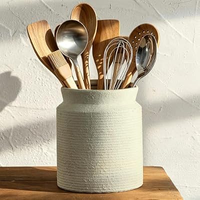 Rustic Utensil Holder for Kitchen Countertop - 7.6 inch Ceramic Utensil Crock Farmhouse Cooking Utensil Organizer for Spatula, Spoon (M-Antique) - image 2 of 4