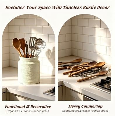 Rustic Utensil Holder for Kitchen Countertop - 7.6 inch Ceramic Utensil Crock Farmhouse Cooking Utensil Organizer for Spatula, Spoon (M-Antique) - image 4 of 4