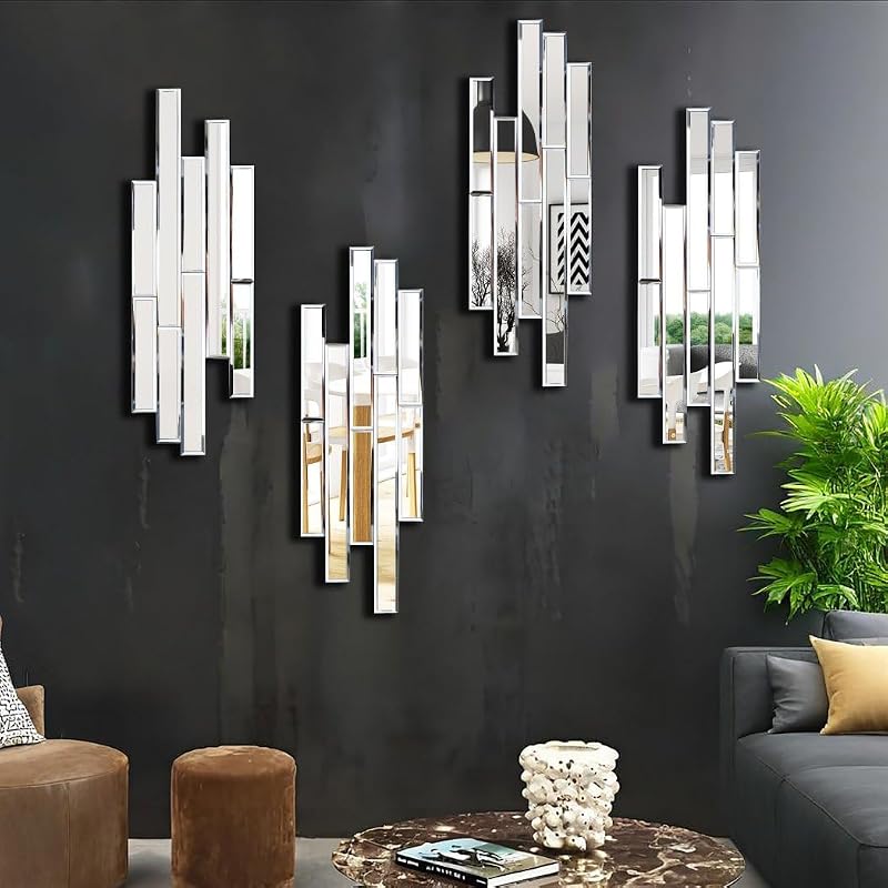 Artisan Set of 4 Silver Beveled Wall Decor Mirrors - 24x8 Inch Each, Creative Combination Design for Modern & Farmhouse Home Decor, Shatter-Resistant Glass with Wood Backing - Mirrors, product photo on a white background