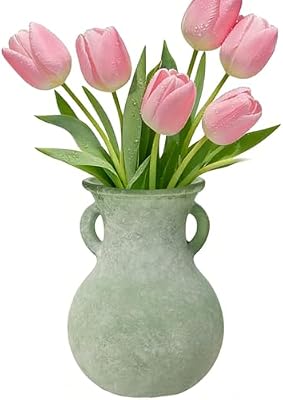 Green Glass Vase with Handles, 7.5 Inch Rustic pottery Style Flower Vase, Vintage Decorative Round Bud Jar for Dried Flowers, Earthy Aesthetic Centerpiece for Modern Farmhouse & Boho Spring Home Decor - image 2 of 4