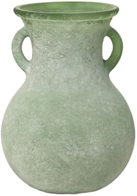 Green Glass Vase with Handles, 7.5 Inch Rustic pottery Style Flower Vase, Vintage Decorative Round Bud Jar for Dried Flowers, Earthy Aesthetic Centerpiece for Modern Farmhouse & Boho Spring Home Decor - image 3 of 4