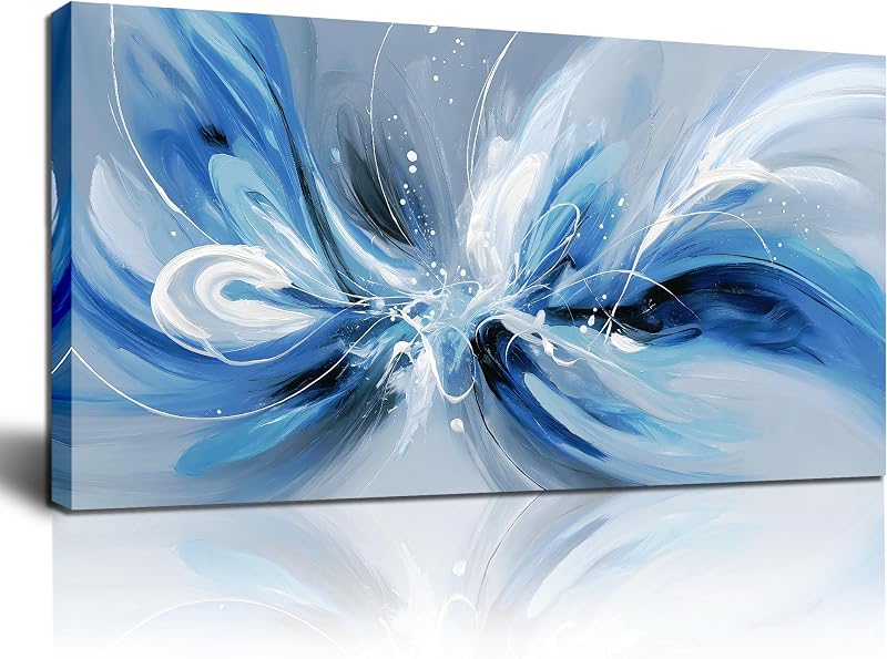 Blue White and Gray Abstract Canvas Wall Art for Living Room Framed Large Print Picture Painting Wall Decor for Bedroom Office Modern Home Abstract Wall Decorations Artwork Size 20x40 Ready to Hang - Wall Art, product photo on a white background