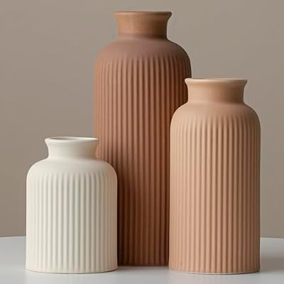 Large Modern Ceramic Vase Set, Coffee Ribbed Matte Design, 3-Piece Decorative Vases for Home, Living Room, Office (XL Coffee Mix) - image 2 of 4