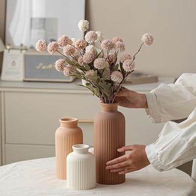 Large Modern Ceramic Vase Set, Coffee Ribbed Matte Design, 3-Piece Decorative Vases for Home, Living Room, Office (XL Coffee Mix) - image 3 of 4
