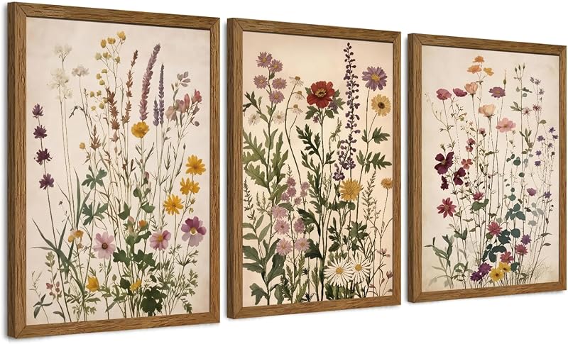 AVECCO 3 Piece Vintage Wildflower Botanical Framed Canvas Wall Art 12x16 in - image 1 of 4