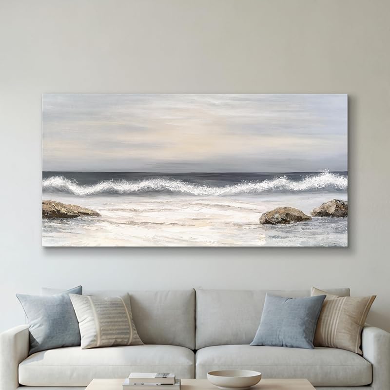 SENROLAN Coastal Seascape Canvas Wall Art, Neutral Blue Grey Ocean Waves Wrapped Canvas Print, Large Horizontal Wall Decor for Living Room Above Sofa, Ready to Hang, 48 x 24 Inch - image 1 of 4