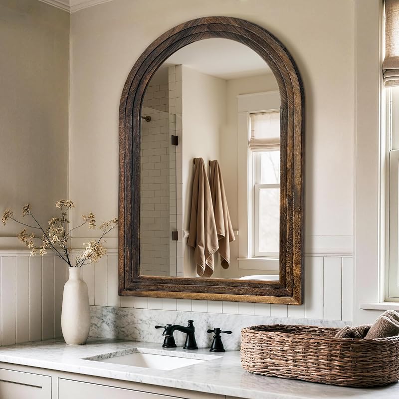 Arched Bathroom Mirror, 38"x26" Brown Wood Frame Wall Mirror - Mirrors, product photo on a white background