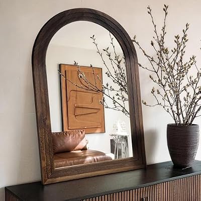 Arched Bathroom Mirror, 38"x26" Brown Wood Frame Wall Mirror - image 3 of 4