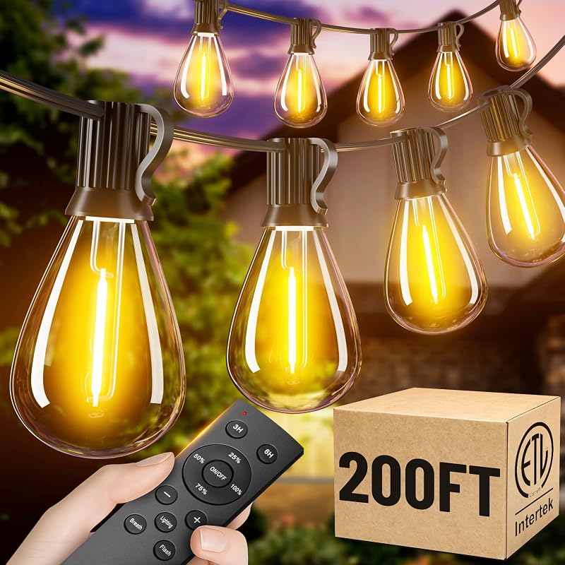 200FT Outdoor String Lights with Remote, Waterproof Patio Lights with 72+2 Shatterproof LED Bulbs,Dimmable Hanging Decor for Backyard Garden Porch Bistro, Timer & 3 Modes,2700K Warm White - image 1 of 4
