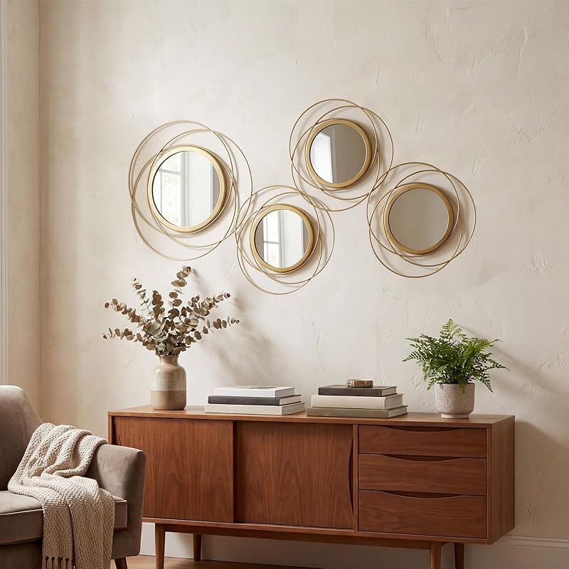 4 Piece Gold Round Wall Mirror Set Modern Metal Circles for Home Decor - image 1 of 4