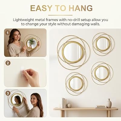 4 Piece Gold Round Wall Mirror Set Modern Metal Circles for Home Decor - image 4 of 4