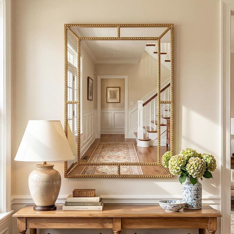 Tangkula 36" x 24" Gold Rectangle Wall Mirror, Decorative Mirror with Beaded Frame for Living Room, Entryway, Fireplace, Bedroom, Modern Vintage Wall Decoration (Rectangle) - image 1 of 4