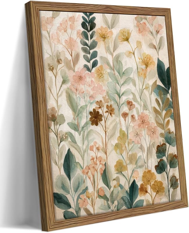 Framed Boho Floral Wall Art, Neutral Botanical Wildflower Canvas Wall Decor Painting, Vintage Flower Poster Print Picture for Living Room Bathroom Bedroom 12x16 Inch - Wall Art, product photo on a white background