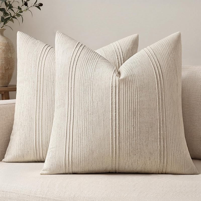 MIULEE Decorative Striped Throw Pillow Covers 20x20 Inch Beige 2 Pack - image 1 of 4