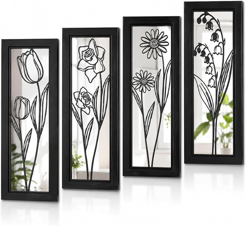 4 Set Farmhouse Mirrors for Wall Decor Living Room Bedroom Bathroom Entryway Wood Rustic Decorative Framed Hanging Wall-Mounted Accent Mirror Mounted Style - Distressed Black 16.5 in - Mirrors, product photo on a white background