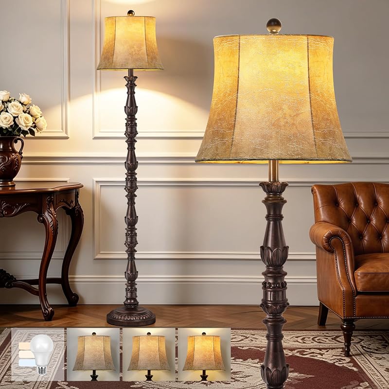 Vintage 64” Tall Floor Lamp for Living Room Bedroom, Retro Resin Carved Standing Lamp with Faux Leather Shade, Rotary Switch Rustic Corner Light for Home Decor(Brown) - Floor Lamps, product photo on a white background