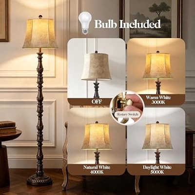 Vintage 64” Tall Floor Lamp for Living Room Bedroom, Retro Resin Carved Standing Lamp with Faux Leather Shade, Rotary Switch Rustic Corner Light for Home Decor(Brown) - image 4 of 4