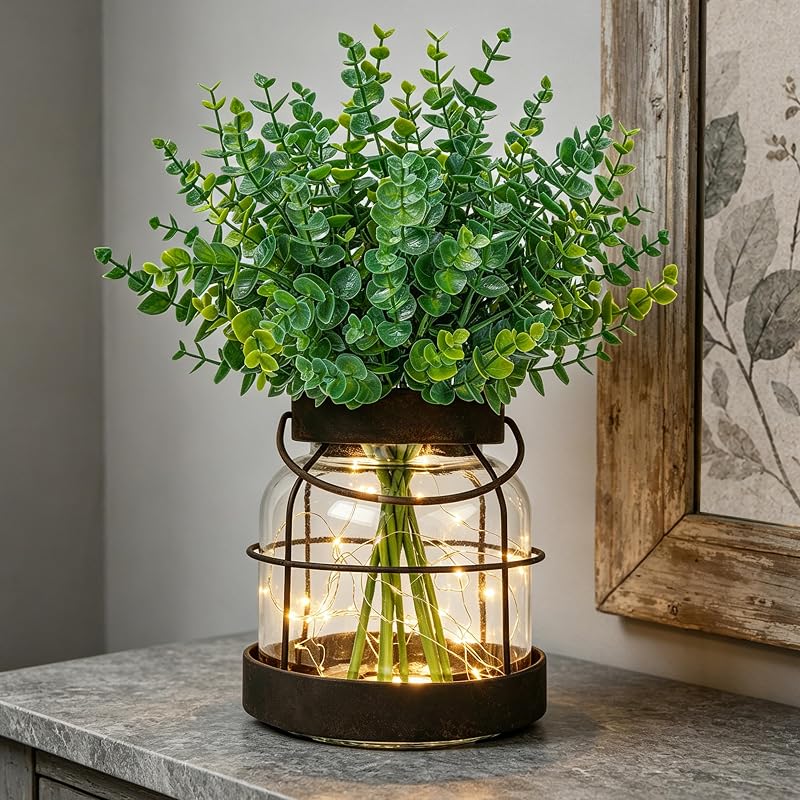 Der Rose Vintage Vase with Fake Plants & LED Lights for Farmhouse Decor - Vases & Objects, product photo on a white background