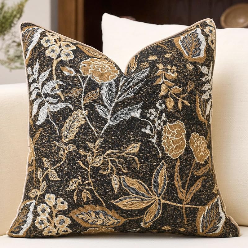 Black Floral Textured Throw Pillow Cover 18x18 Fall Vintage Rust Pillow Cover Farmhouse Summer Leaf Cushion Cover Chenille Neutral Flower Pillowcase Home Decor for Sofa Living Room Bedding - image 1 of 4