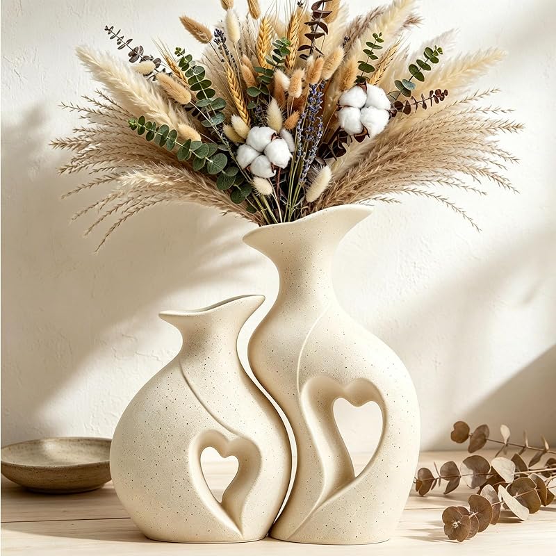 Heart Shaped Ceramic Vase Boho Modern Flower Vase Set of 2 (Cream) - image 1 of 4