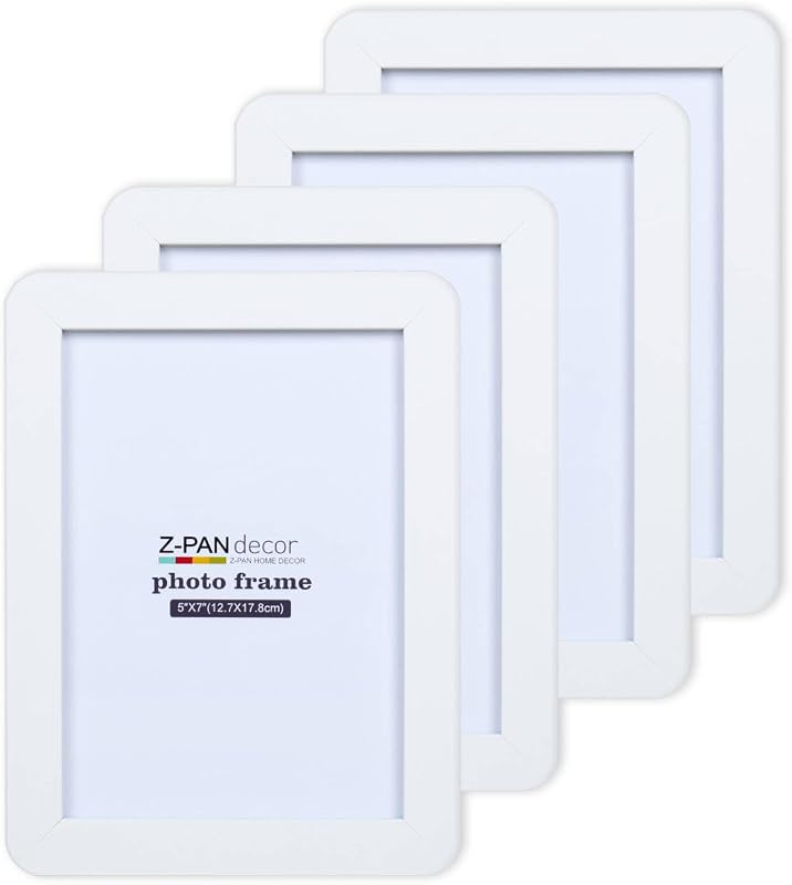 ZPAN 5x7 Picture Frames Set of 4, Picture Frame with Real Glass, White Wooden Picture Frame with Rounded Corners, Suitable for Hanging or Tabletop Display (White) - Wall Art, product photo on a white background