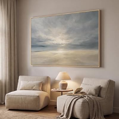 Extra Large Framed Beige Blue Coastal Abstract Wall Art, Horizontal 60x40 - image 4 of 4