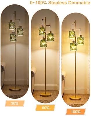 67" 3-Light Glass Floor Lamp for Living Room, Dimmable with Green Glass Shade & E12 Bulbs Included, Mid Century Modern Farmhouse Standing Tall Lamp for Bedroom/Sofa Beside/Corner - Gold - image 4 of 4