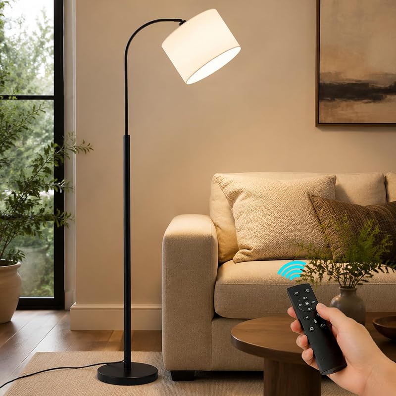 Black Mid Century Modern Arc Floor Lamp with Remote for Living Room - Floor Lamps, product photo on a white background